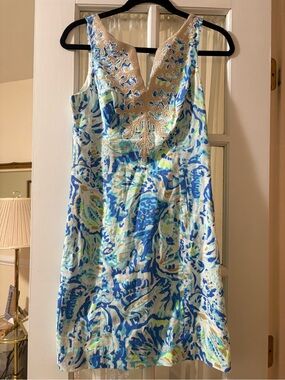 Sleeveless Blue & White Beaded V-Neck Shift Dress